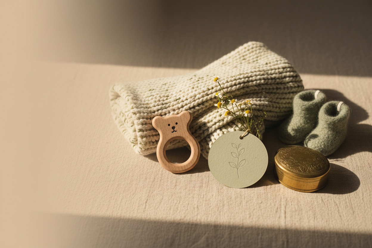 Soft knit swaddle blanket, wooden teether, milestone card, and keepsake box arranged as a tender collection for a baby's earliest days on a warm linen surface