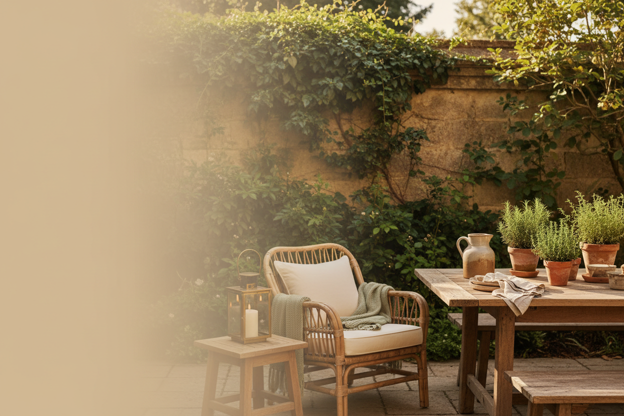 Wooden outdoor table with a ceramic pitcher and linen napkins beside a natural fiber chair, potted herbs, and a glowing lantern on a warm and inviting backyard patio
