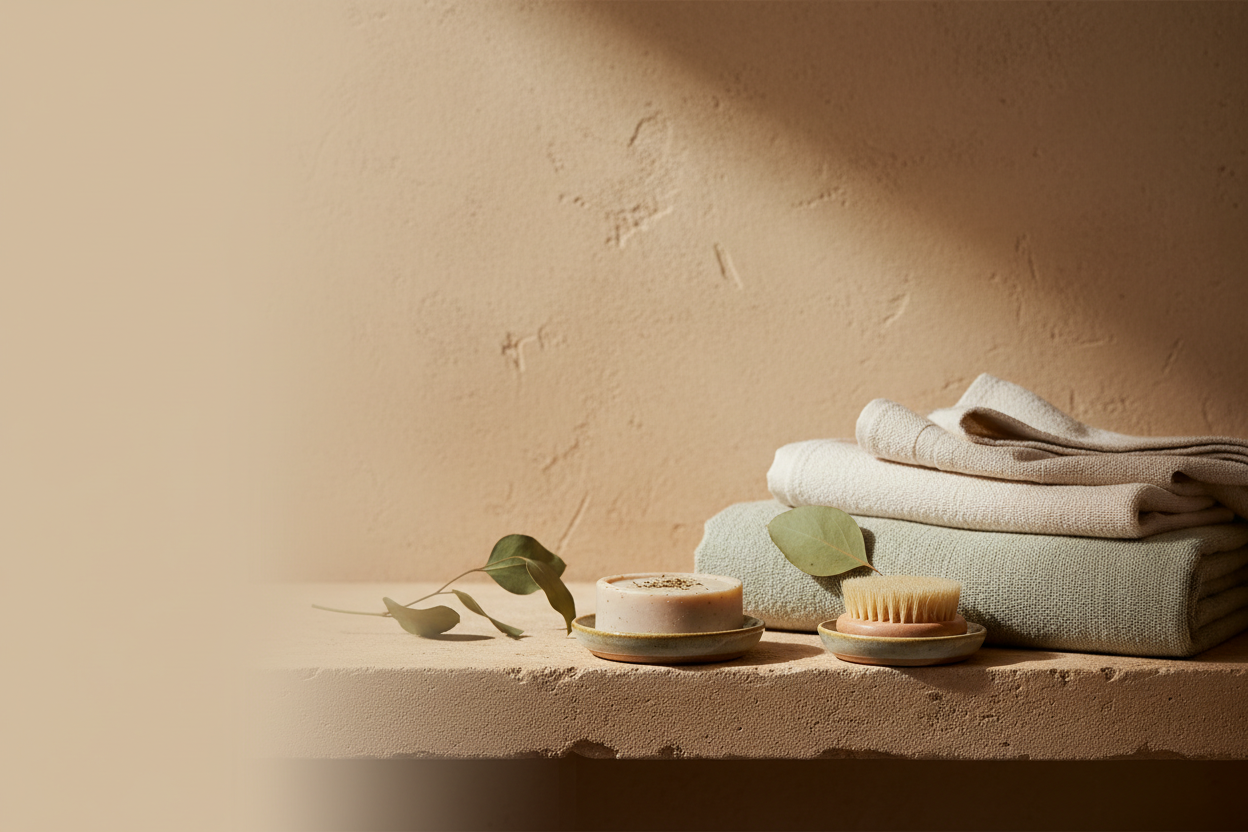 linen towels, natural soap, wooden bath brush, dried eucalyptus in soft diffused light