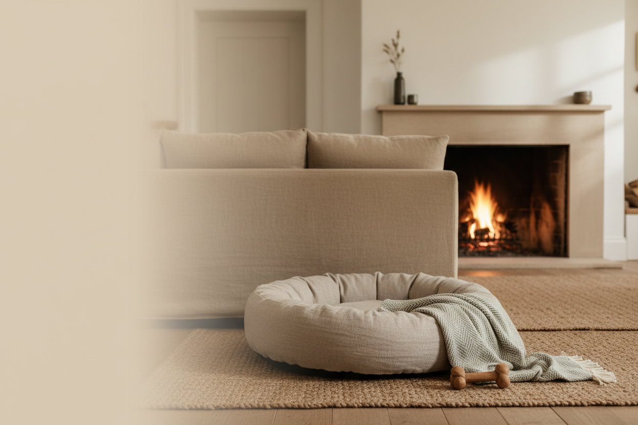 Natural wool pet bed with a soft folded blanket tucked beside a warm living room sofa, styled as a cozy and beautiful resting spot for dogs