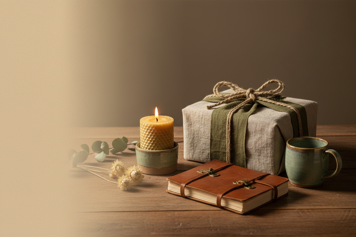 Linen-wrapped gift, handcrafted journal, beeswax candle, and ceramic mug styled as a thoughtful birthday gift on a warm wooden table