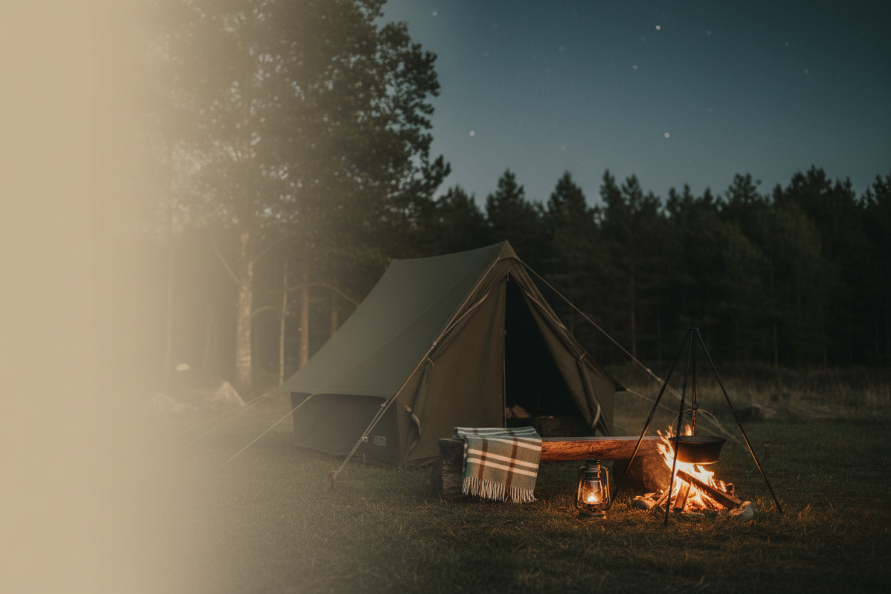 Canvas tent in a wooded clearing beside a crackling campfire with a cast iron pot, wool blanket draped over a log, and a glowing lantern under a dusky star-filled sky