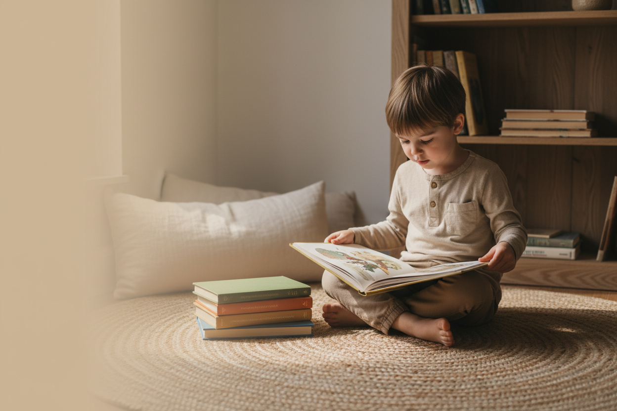 Young child sitting cross-legged on a woven rug, reading an illustrated book beside a stack of colorful children's books with a wooden bookshelf in the background