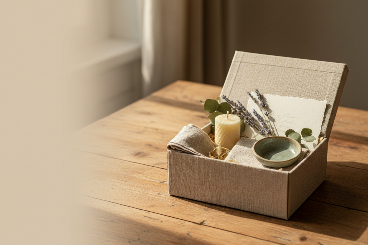 Open gift box filled with a beeswax candle, ceramic dish, linen cloth, and dried botanicals arranged as a thoughtfully curated gift set