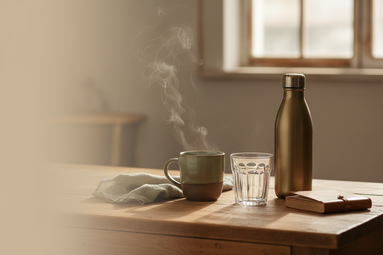 Handcrafted ceramic mug with rising steam, glass tumbler, and stainless steel water bottle arranged as a quiet and considered drinkware collection in soft morning light