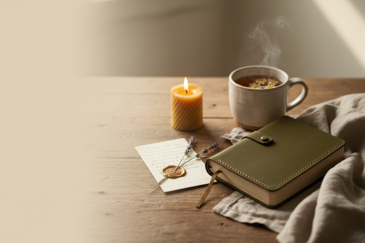 Handcrafted journal, beeswax candle, and herbal tea in a ceramic mug styled as a comforting encouragement gift on a warm wooden surface