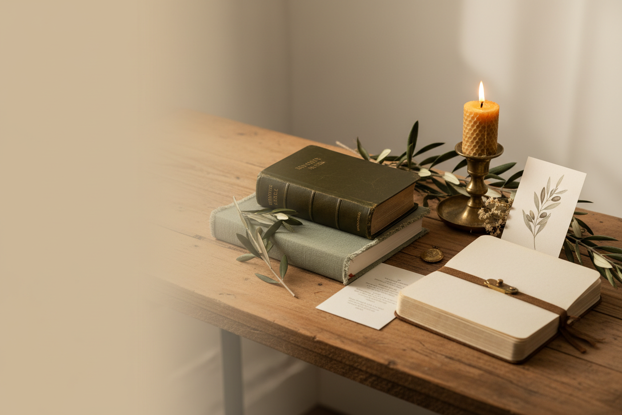 Leather-bound Bible, linen devotional, handcrafted journal, glowing beeswax candle, and scripture keepsake arranged as a meaningful collection of faith-based gifts on a warm wooden surface