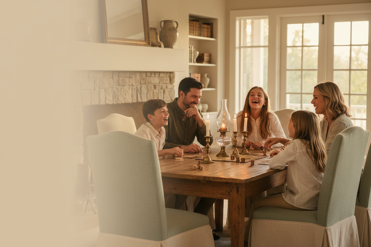 Family gathered around a wooden dining table playing a board game together in warm candlelight, children laughing and parents engaged in a screen-free evening at home
