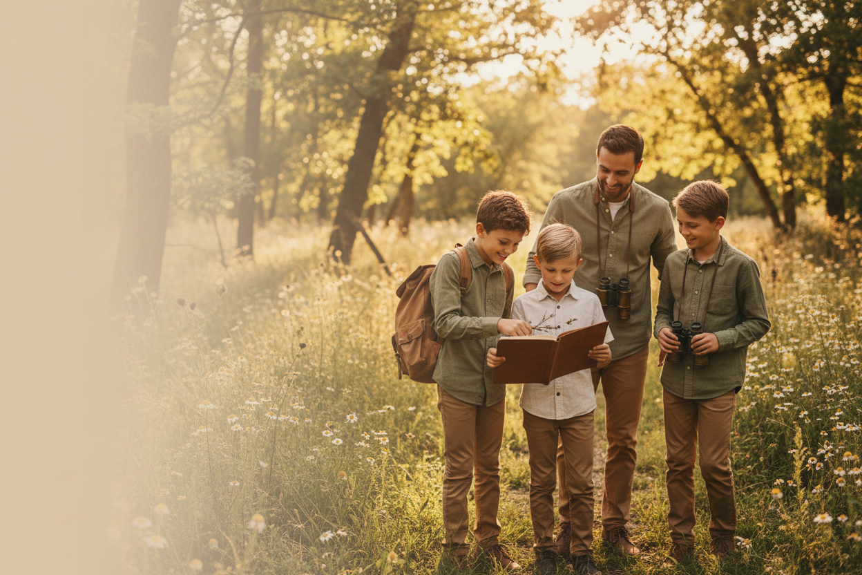 Family with children exploring a wooded trail together, child holding an open nature journal beside a canvas backpack and binoculars in warm golden light