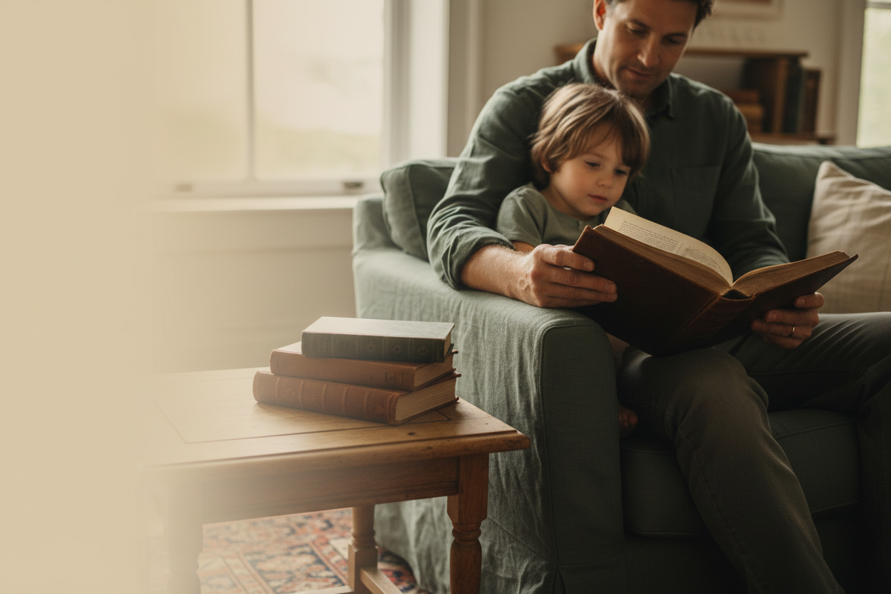 Parent and young child reading together on a warm linen sofa in soft afternoon light, surrounded by a small stack of books