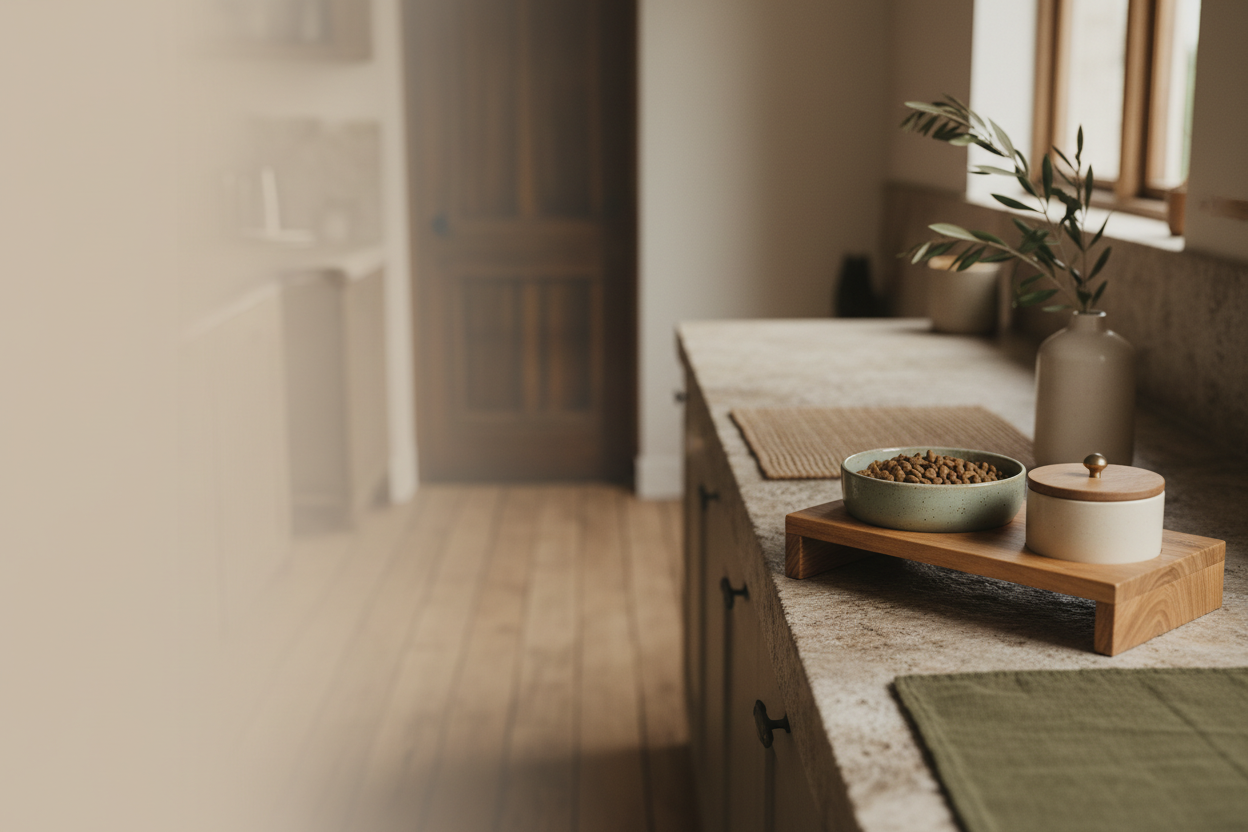 Handcrafted ceramic dog bowl, wooden elevated feeder, and ceramic treat jar styled as a beautiful and considered mealtime setup in a warm kitchen
