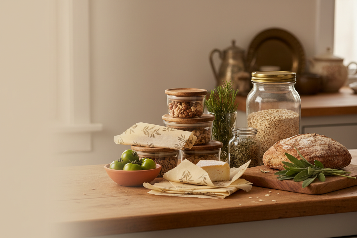Glass containers with wooden lids, beeswax wraps around bread, and glass jars filled with grains arranged as a beautiful and practical natural food storage collection on a warm kitchen counter