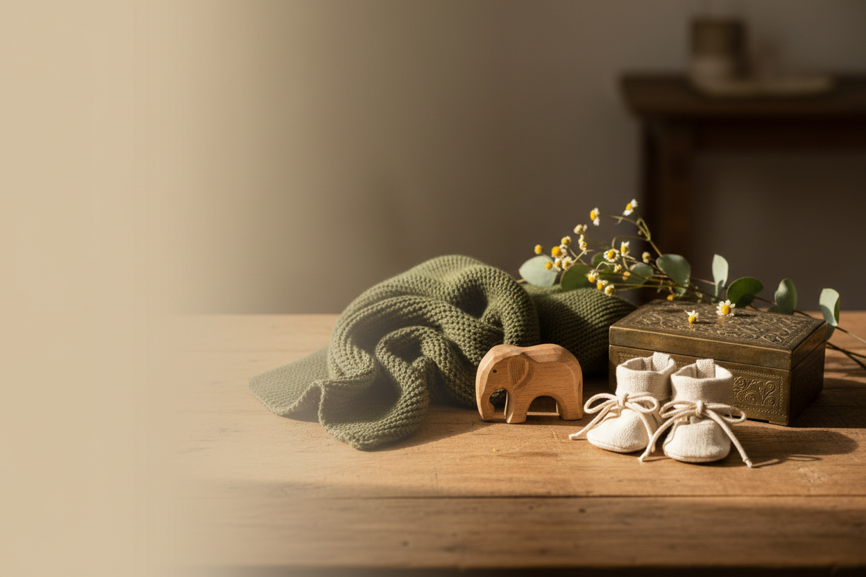 Soft knit baby blanket, wooden toy, and linen booties styled as a tender newborn gift on a warm wooden surface