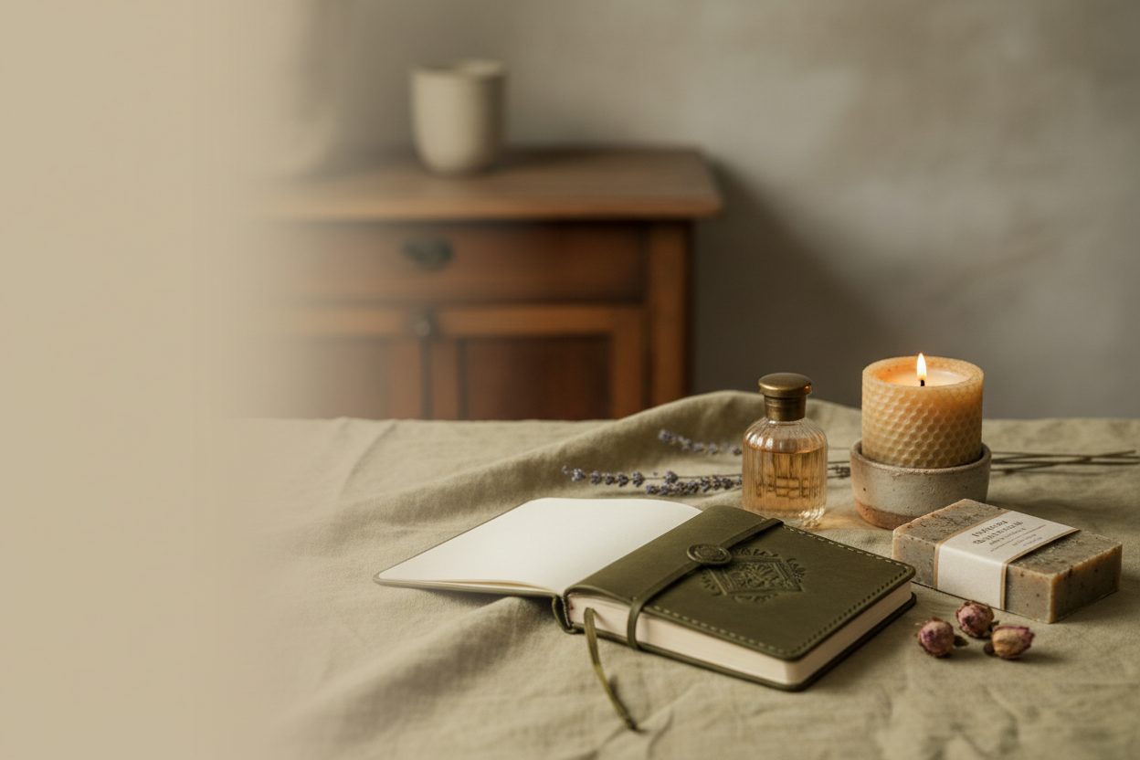 Handcrafted journal, botanical perfume, beeswax candle, and dried lavender styled as a graceful and thoughtful gift for her on a warm linen surface