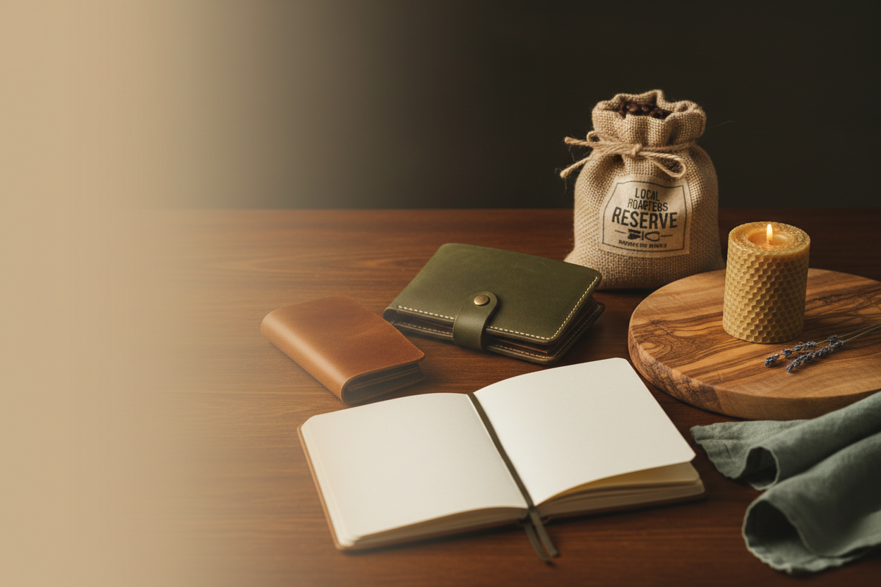 Handcrafted leather journal, locally roasted coffee, wooden serving board, and beeswax candle styled as a refined gift for him on a warm wooden surface