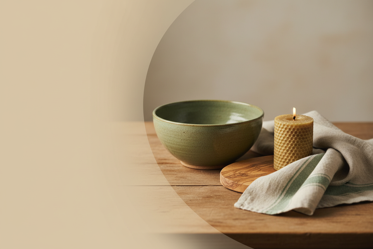 Handcrafted ceramic bowl, folded linen towel, beeswax candle, and olive wood cutting board styled as a warm and lasting home gift on a wooden surface