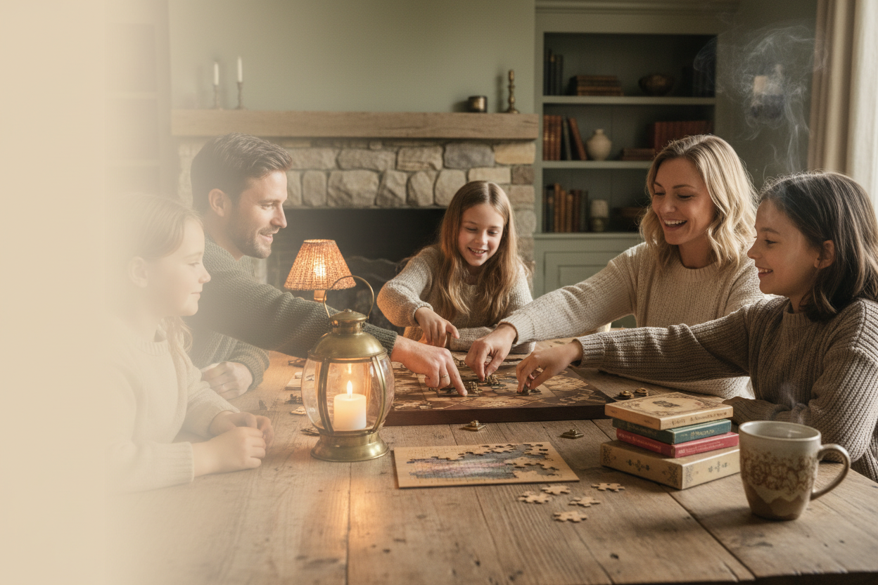 Family hands gathered around a wooden board game and card games on a dining table in warm candlelight, with a half-finished puzzle and a ceramic mug of tea nearby
