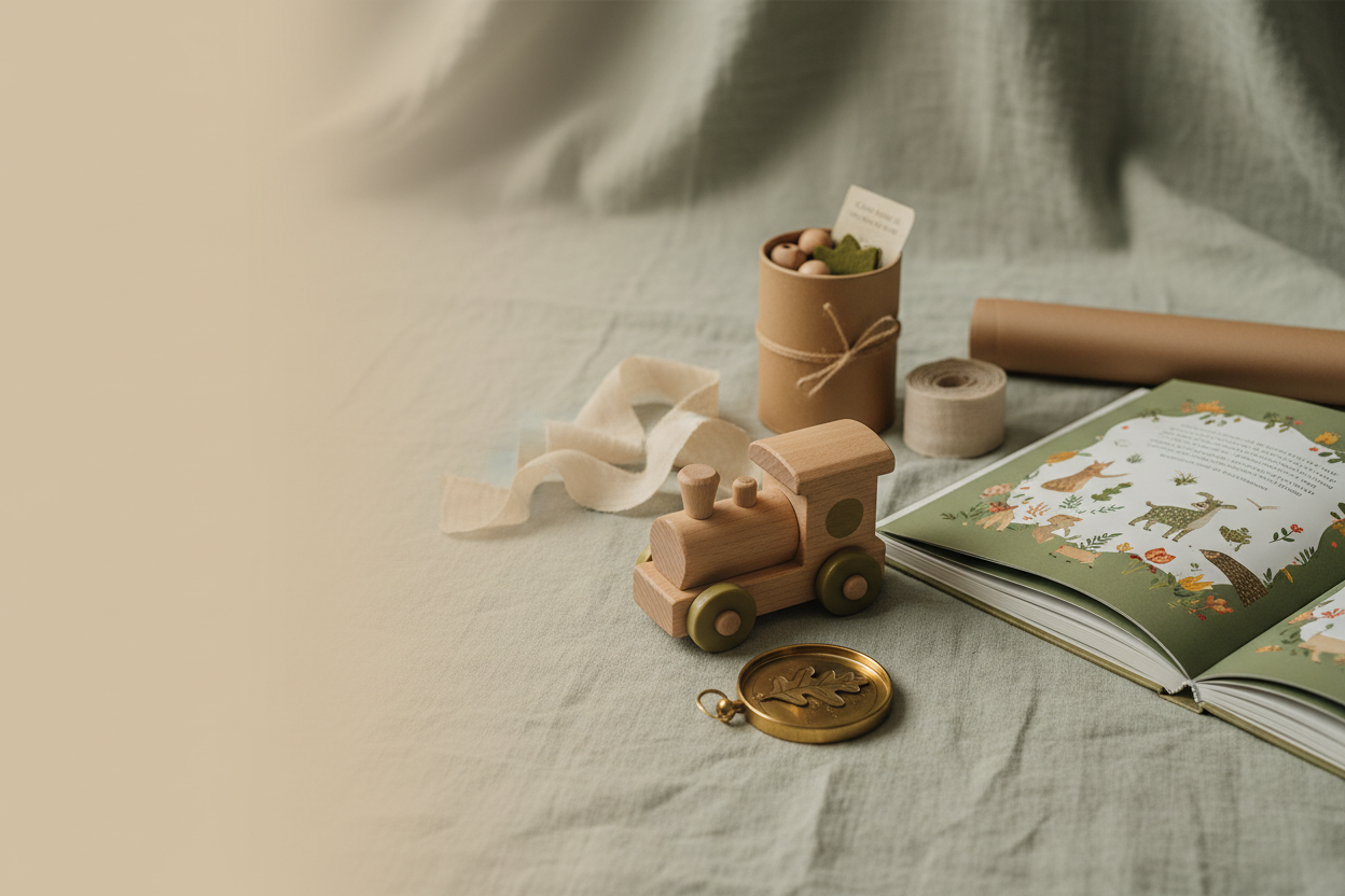 Wooden toy, illustrated children's book, craft kit, and handcrafted keepsake arranged as a thoughtful and imaginative gift collection on a warm linen surface 