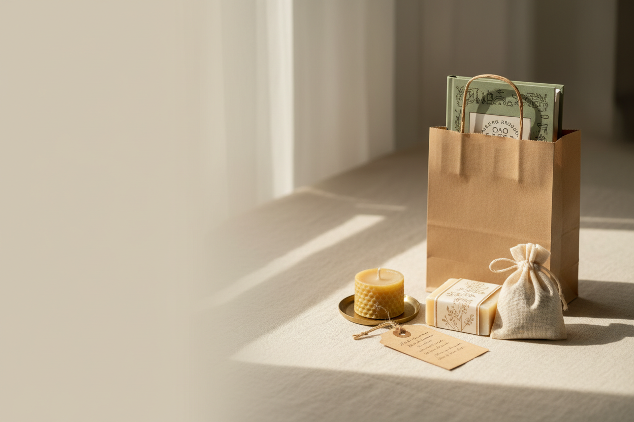 Small illustrated book, natural soap bar, herbal tea packet, and beeswax candle tucked into a kraft paper bag with a handwritten gift tag on a warm linen surface 