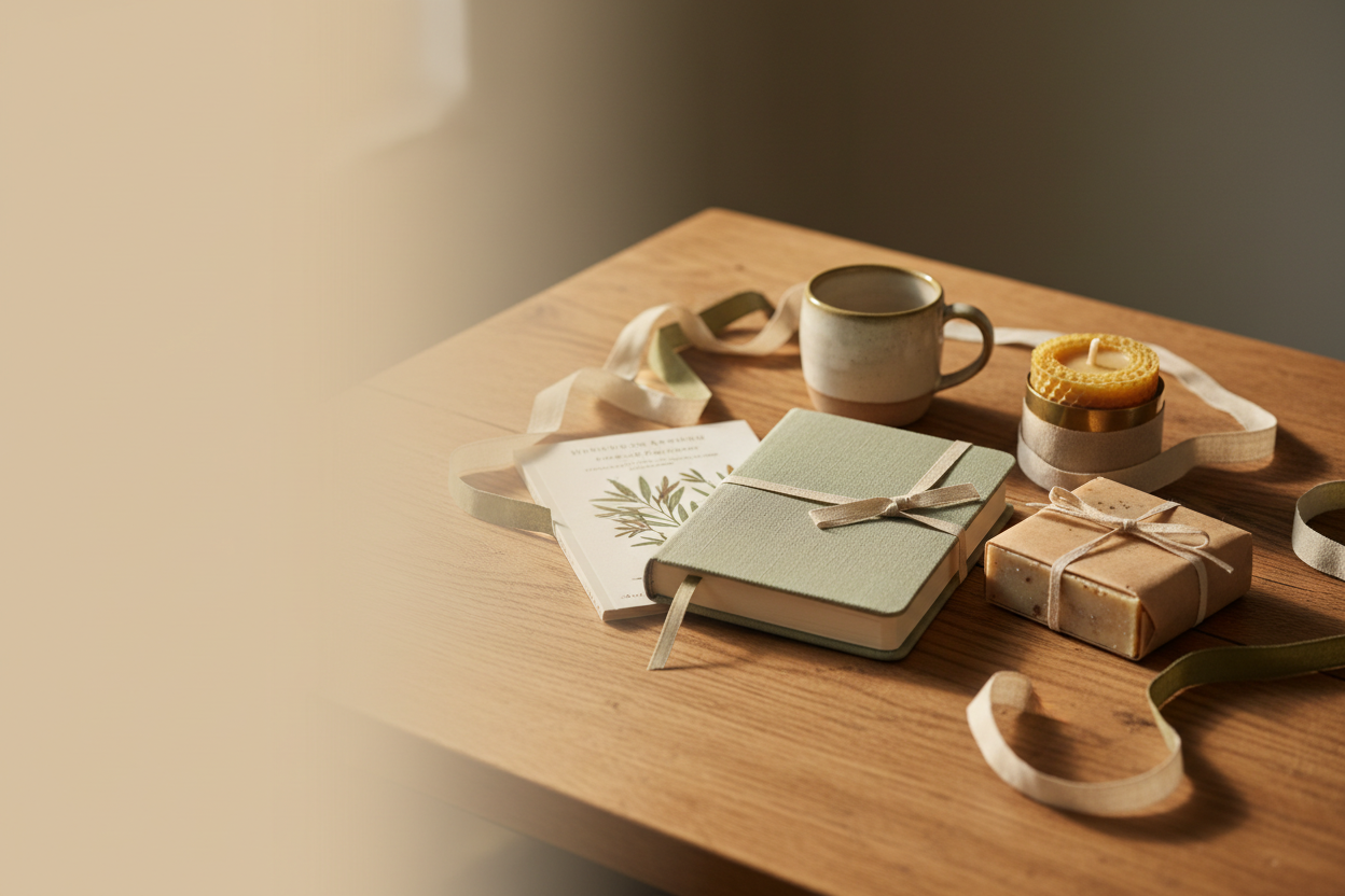Ceramic mug, linen journal, beeswax candle, natural soap, and illustrated book arranged as a curated collection of thoughtful and meaningful gifts wrapped in kraft paper and linen ribbon 