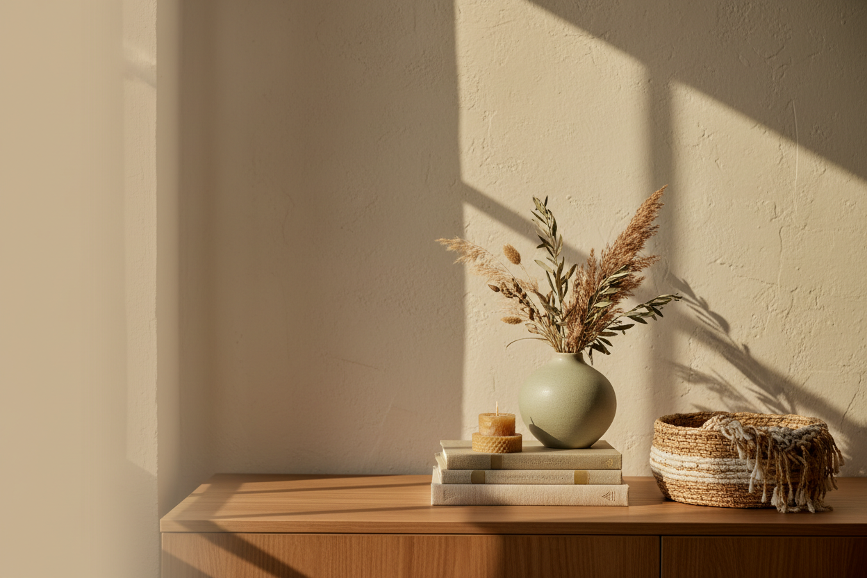 Ceramic vase with dried botanicals, beeswax candle, and handwoven basket styled on a warm wooden surface in soft golden light