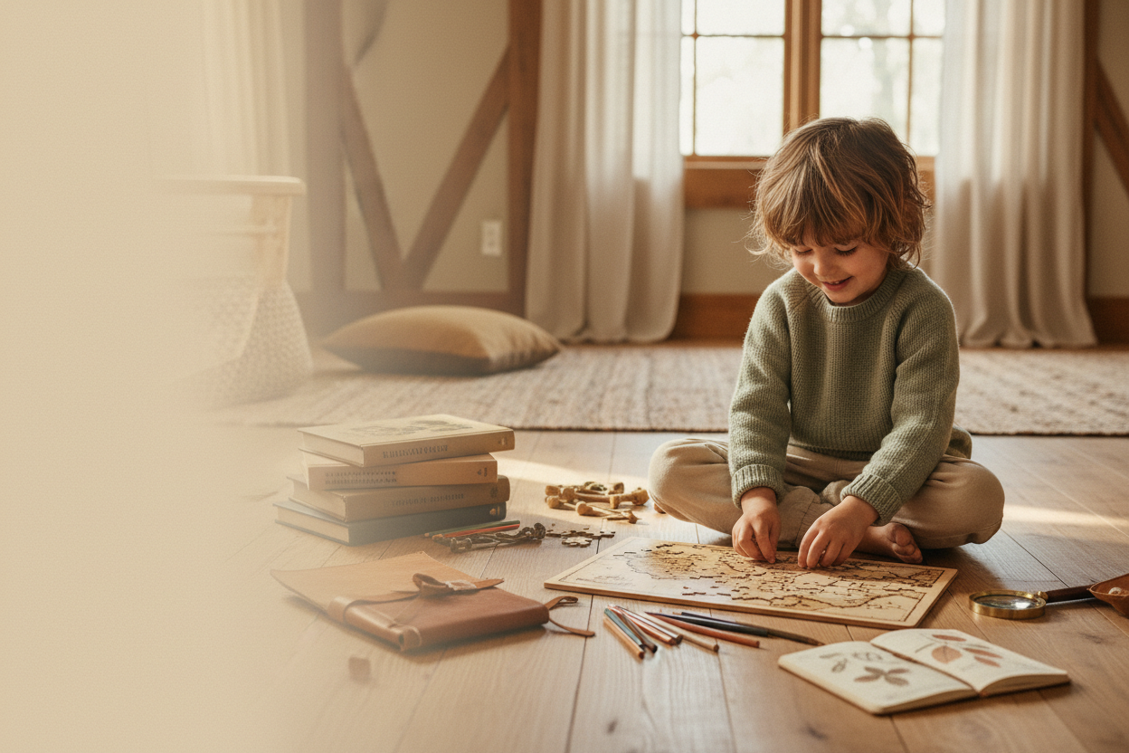 Child sitting on a warm wooden floor surrounded by a wooden puzzle, illustrated books, sketchbook, and colored pencils in soft afternoon light