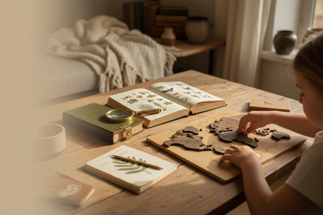 Child's hands exploring a wooden geography puzzle beside an open field guide, magnifying glass, and nature journal on a warm wooden table in soft afternoon light
