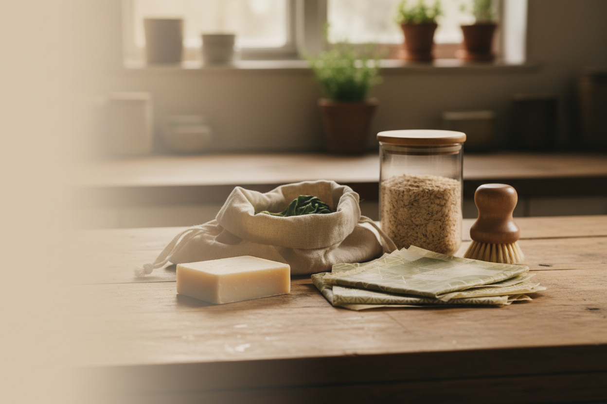 Beeswax wraps, glass storage jar, linen produce bag, wooden dish brush, and natural soap bar arranged as practical and beautiful low-waste everyday swaps on a warm kitchen counter