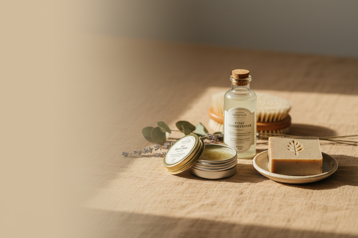 Tin of paw balm, glass bottle of coat conditioner, natural dog soap bar, and grooming brush arranged as a gentle and intentional natural pet care collection on a warm linen surface 