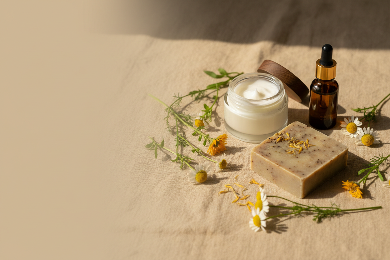 Glass jar of body butter, botanical soap bar, amber facial oil bottle, and dried chamomile arranged as a natural skincare collection on a warm linen surface
