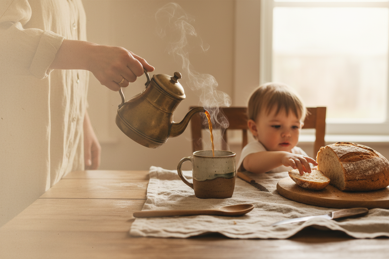 A warm lifestyle scene in a bright kitchen or dining area showing a toddler sitting at a wooden table while a person pours hot coffee from a brass teapot into a ceramic mug. A loaf of bread is also on the table.