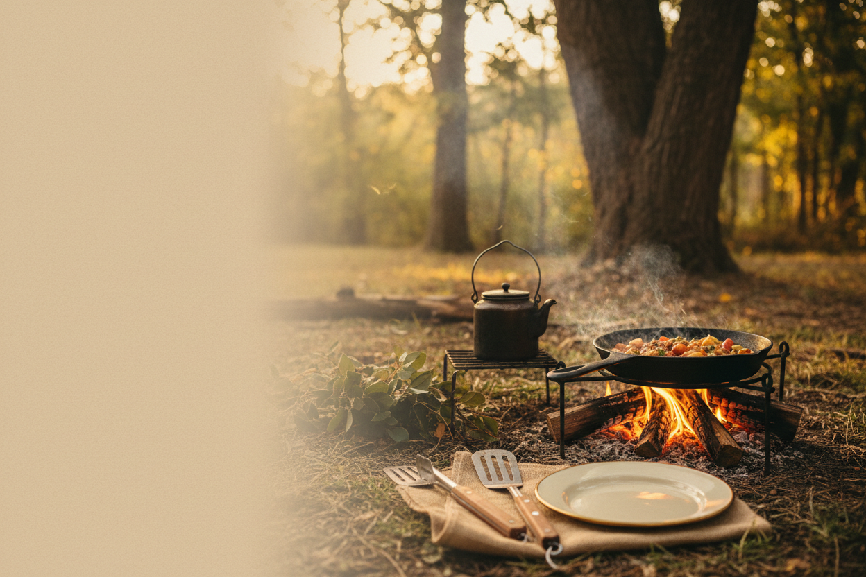 Cast iron skillet over a campfire, wooden-handled grilling tools, camp coffee pot, and enamel plate arranged as a rustic and purposeful outdoor cooking collection in warm firelight