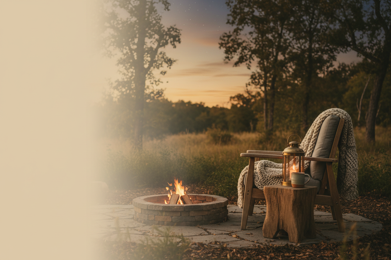 Wooden outdoor chair with a natural fiber throw blanket, glowing lantern, fire pit, and ceramic mug arranged as a warm and inviting outdoor living scene under an evening sky 