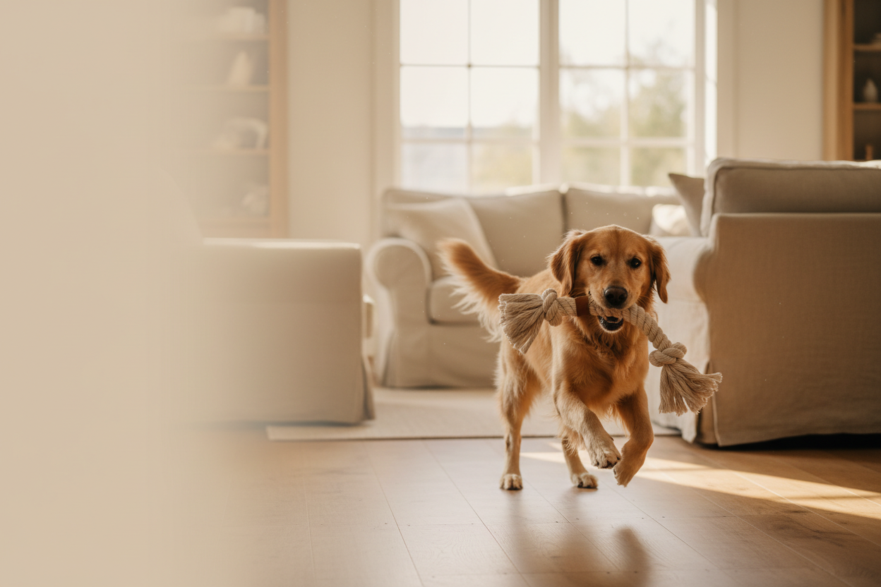 This time a dog actually playing rather than a flat lay — more life and energy to it. Let me know how it looks! 