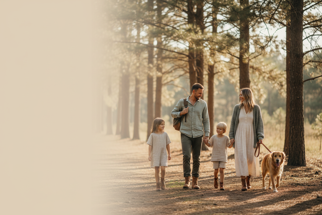Family walking a golden retriever on a sunlit forest path — natural pet goods from Otzar Goods