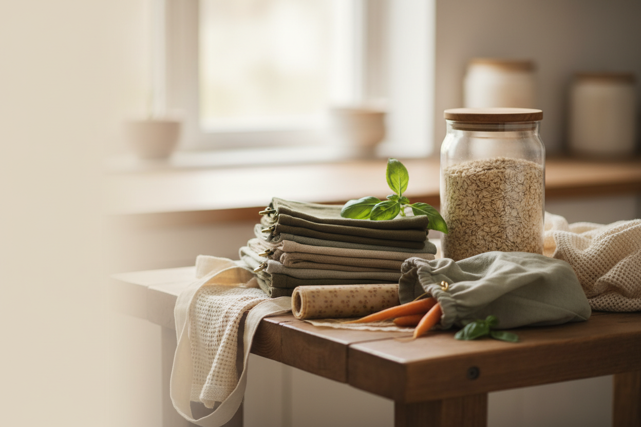 Linen produce bags, beeswax food wraps, glass storage jar, and cotton tote bag arranged as a beautiful and practical zero-waste kitchen collection on a warm wooden counter
