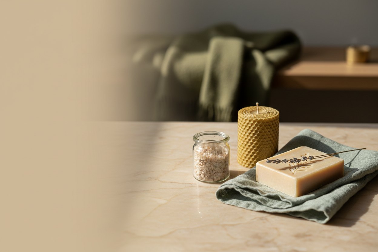 Natural bath soak, beeswax candle, handcrafted soap, and dried lavender styled as a restorative self-care gift on a warm stone surface
