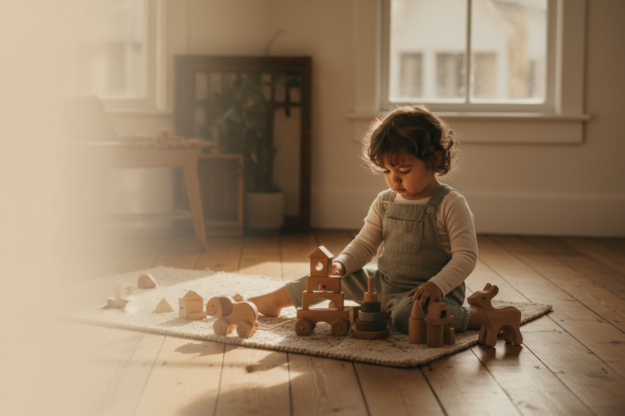 Young child playing with handcrafted wooden toys on a warm wooden floor in soft golden morning light