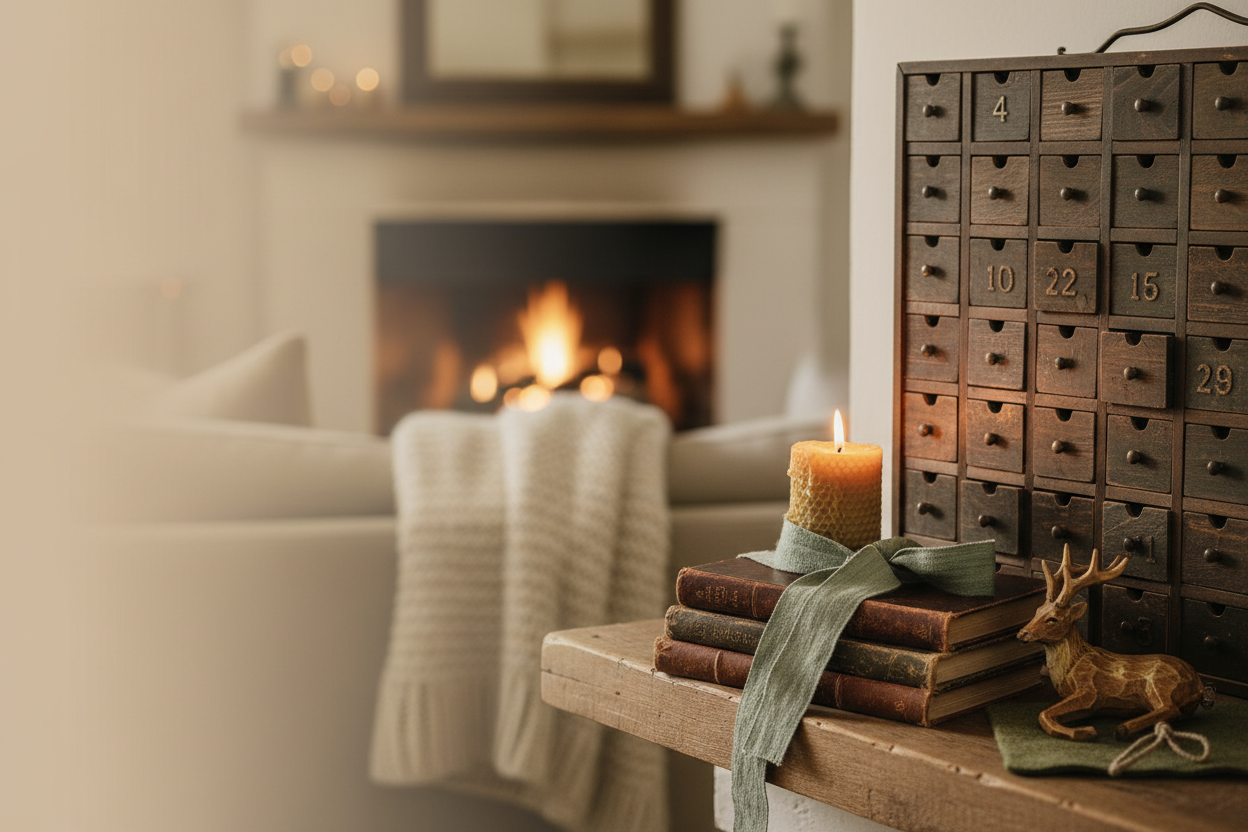 Wooden Advent calendar, stack of holiday books tied with linen ribbon, and a glowing beeswax candle styled as a cherished family tradition in a warm cozy living room