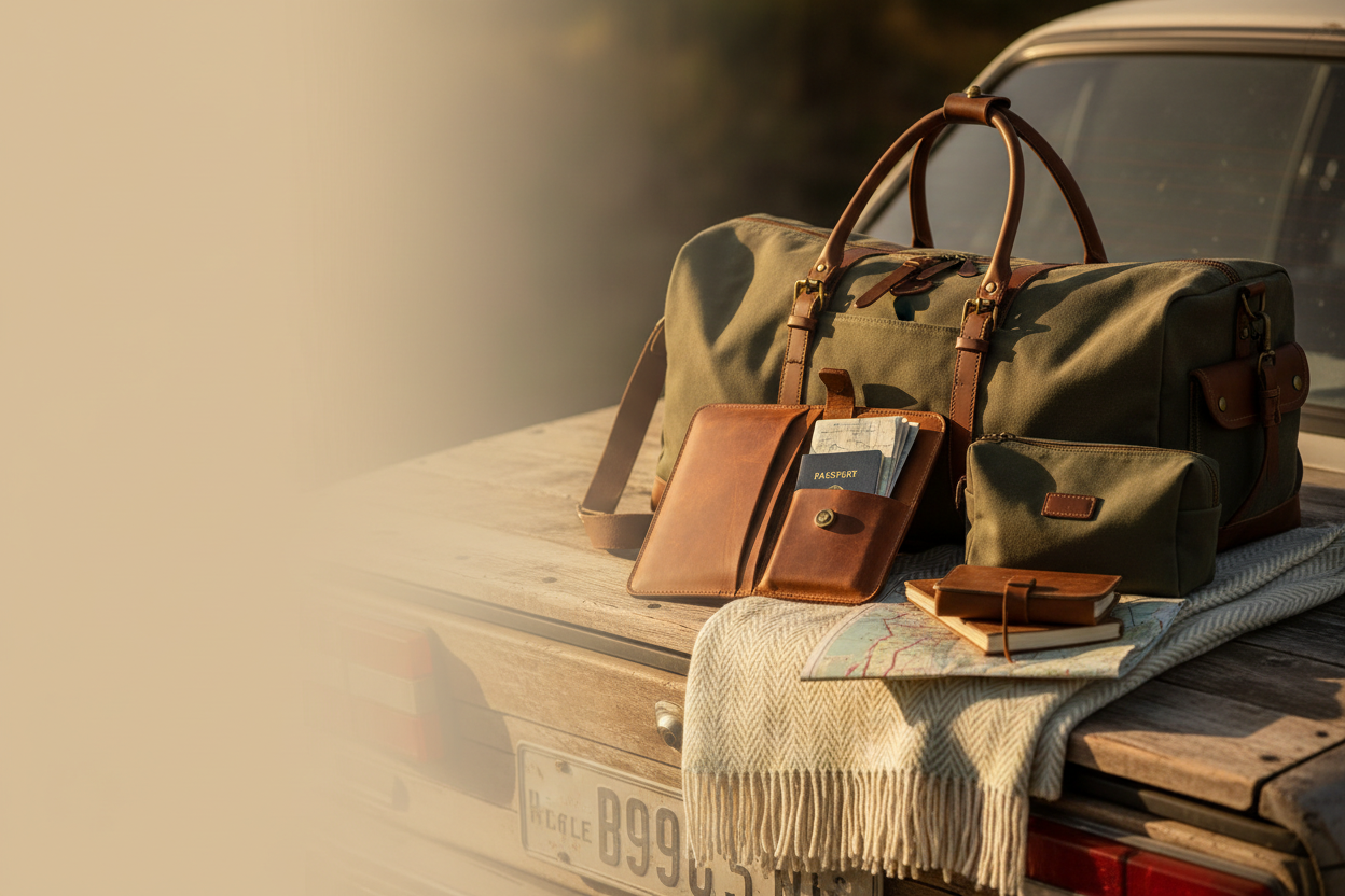Canvas duffel bag, leather travel organizer, compact toiletry kit, and folded wool blanket arranged as a well-chosen and purposeful travel gear collection on a warm wooden surface
