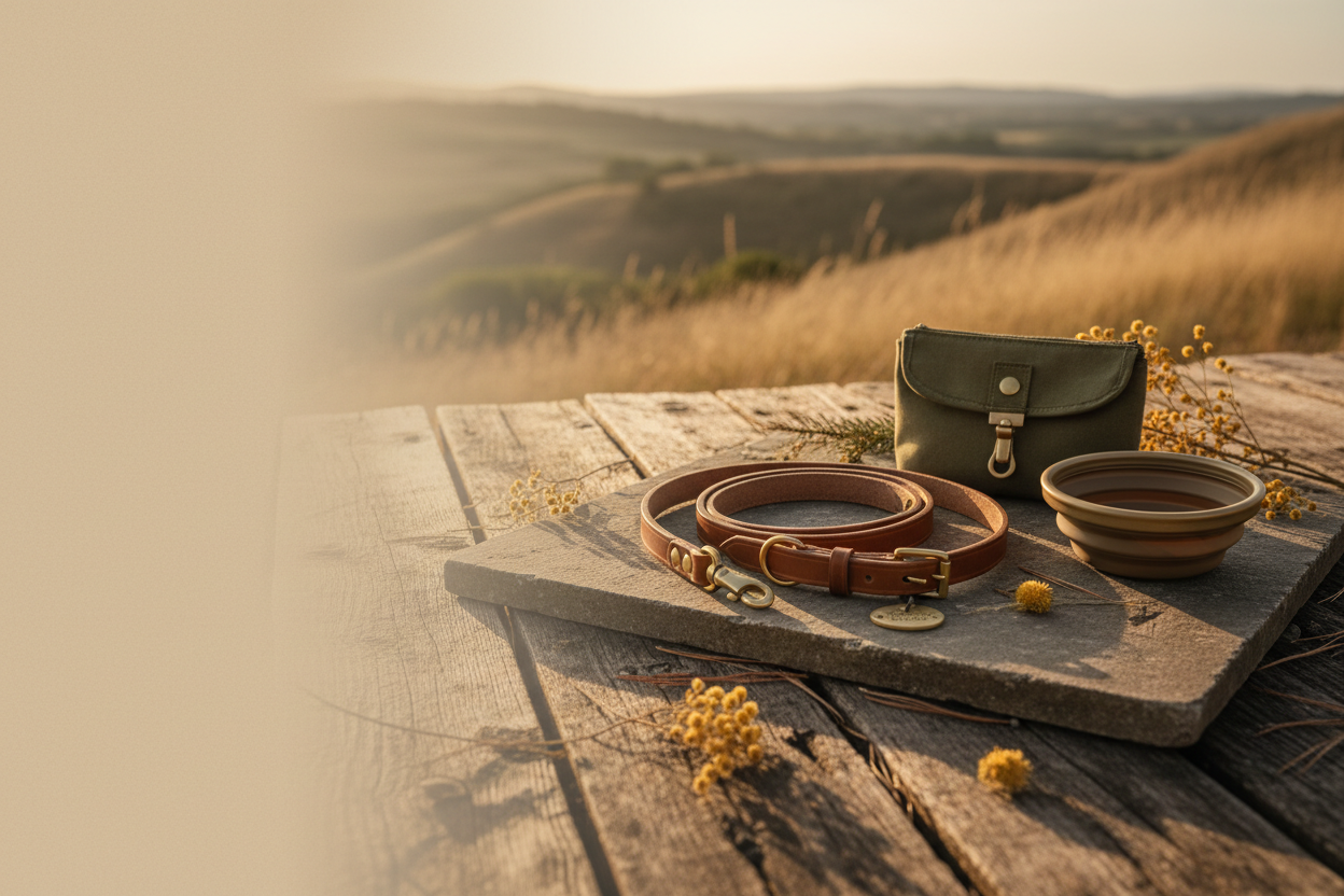 Premium leather dog leash, handcrafted collar, canvas treat pouch, and travel water bowl arranged as durable walk and adventure gear on a weathered wooden surface