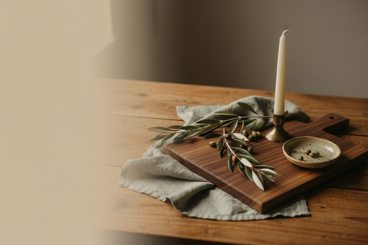 Handcrafted wooden serving board, folded linen towel, and beeswax candle styled as a thoughtful wedding gift on a warm wooden table