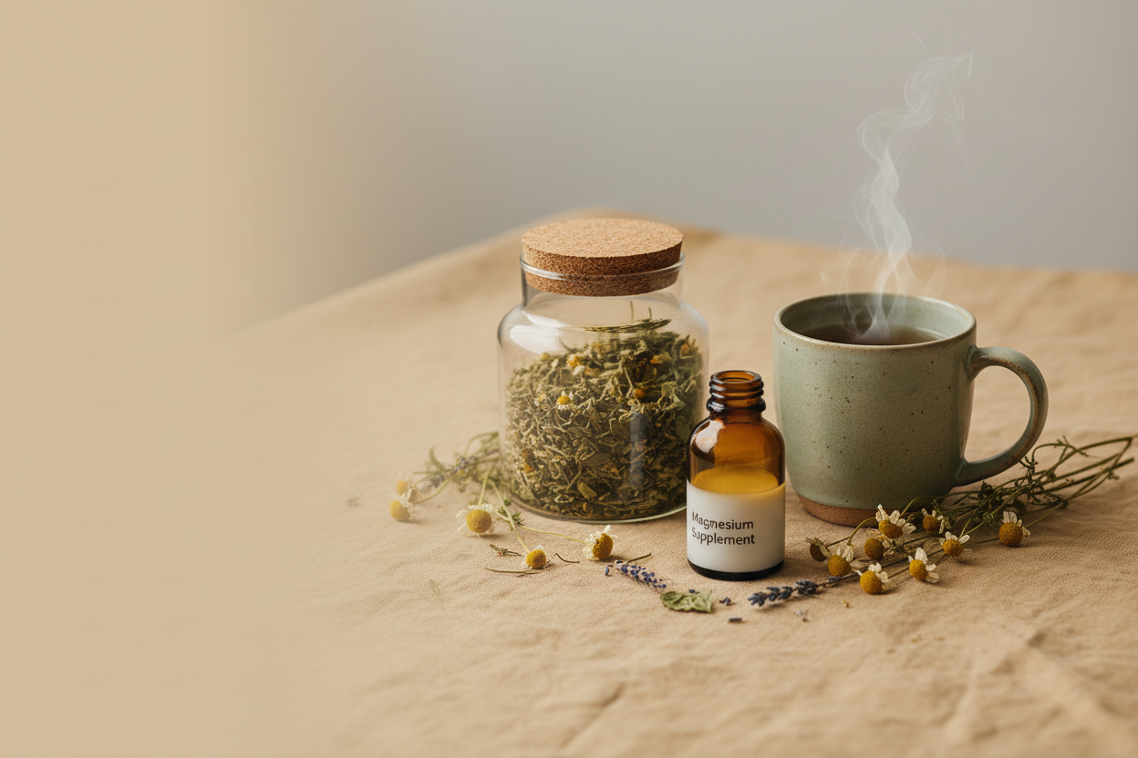 Amber magnesium supplement bottle, herbal remedy jar, ceramic mug of herbal tea, and dried chamomile and lavender arranged as a simple and intentional natural wellness collection on a warm linen surface