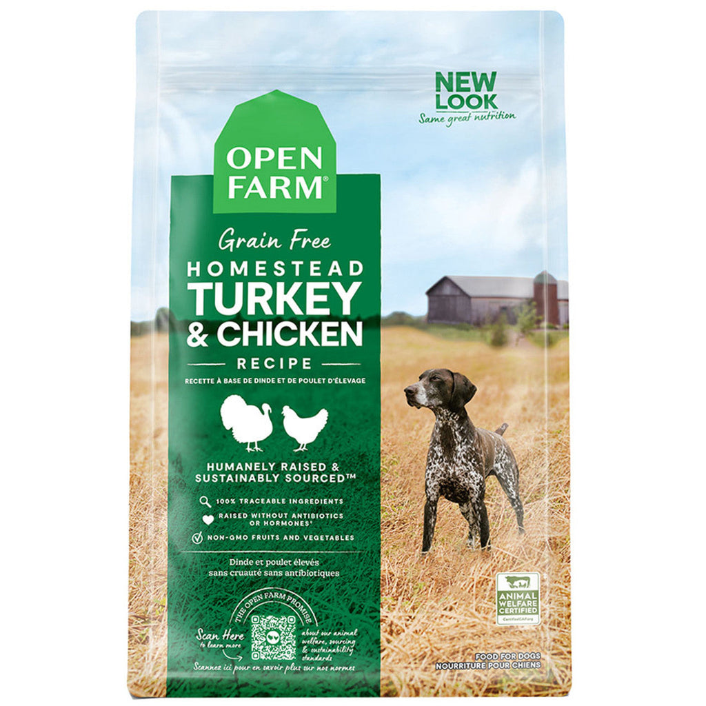 Open Farm dog food package with a turkey and chicken recipe on a green label, featuring an image of a dog in a field.