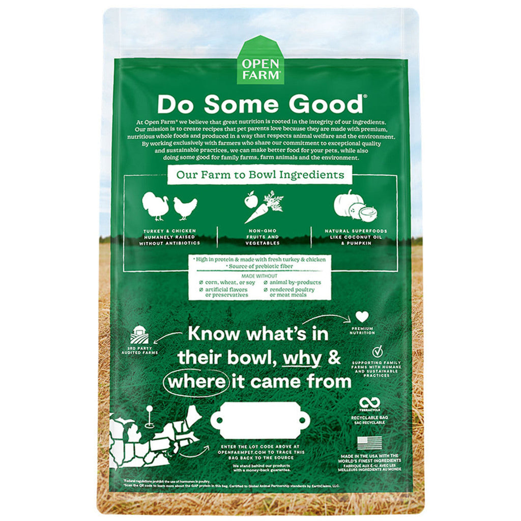 Green pet food packaging with text and graphics on a white background