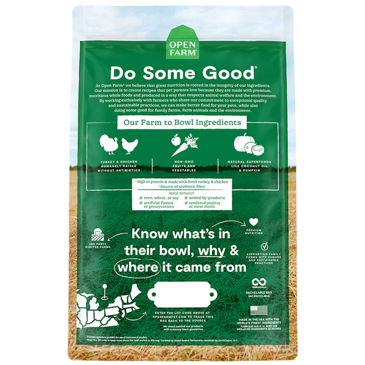 Green pet food packaging with text and graphics on a white background