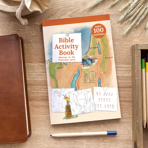 Bible Activity Book on a wooden surface with a pen and leather-bound book.