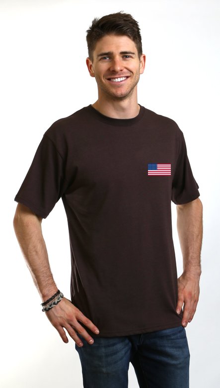 Man wearing a brown t-shirt with an American flag patch on a white background
