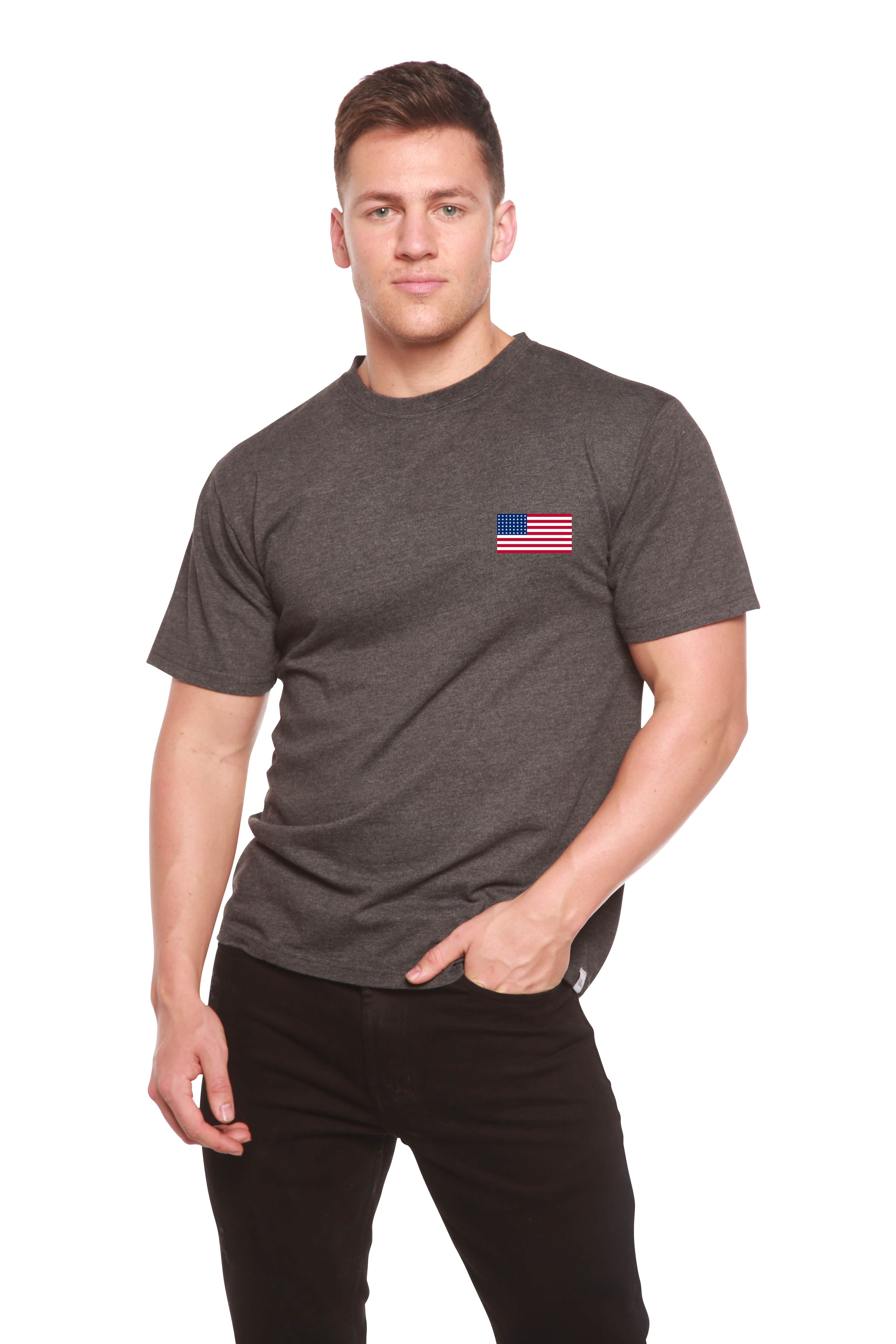 Man wearing a gray t-shirt with an American flag patch on a white background