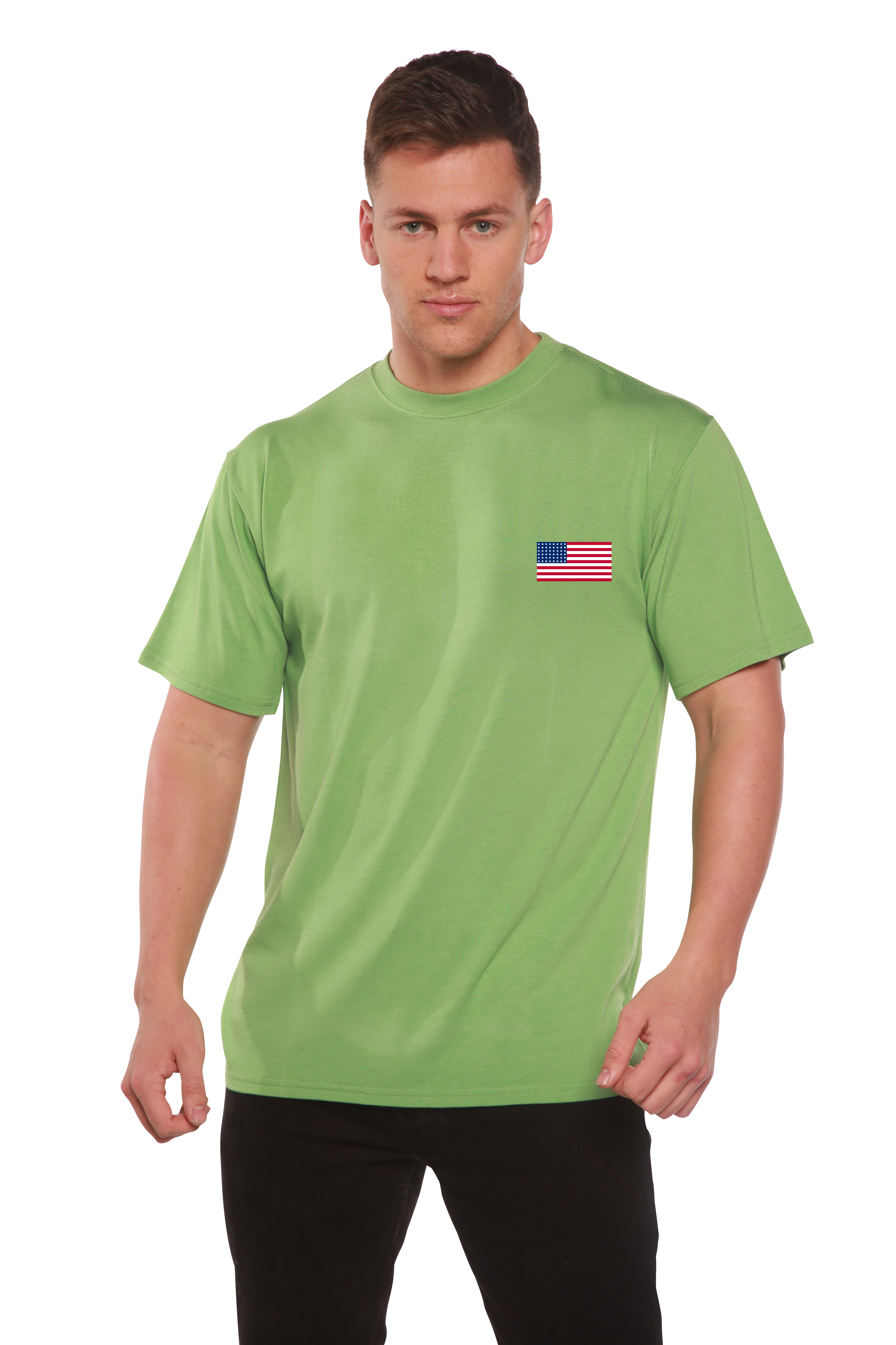 Man wearing a green t-shirt with an American flag patch on a white background